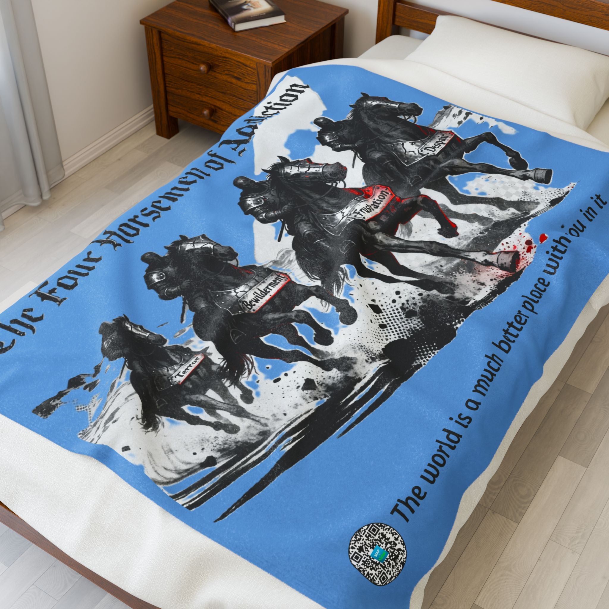 Velveteen Plush Blanket - Four Horsemen of Addiction - Terror, Bewilderment, Frustration and Despair